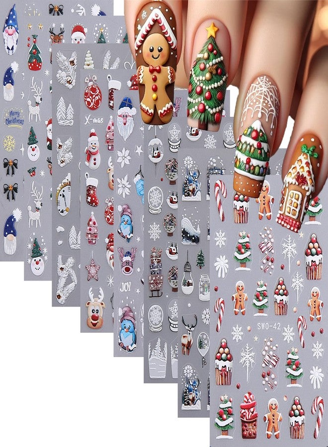 Maigitur 8Sheets Christmas Nail Art Stickers Gingerbread Nail Stickers 5D Embossed Self-Adhesive Elk Snowman Santa Xmas Tree Lantern Ball Canes Nail Decals for Women Girls Winter Holiday DIY Manicure - Image 1